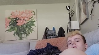 Twink stretches his hole with two big dildos and shoots a load of cum all over himself